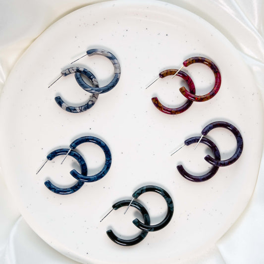 30mm Thin Round Hoops Flora Collection | Floral Hydrangea Hoop Earrings Cellulose Acetate 925 Sterling Silver Posts