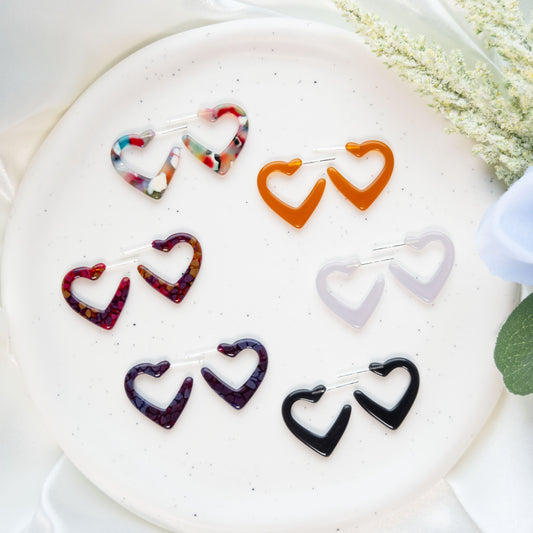 Mini Colorful Heart Hoops | Valentines Day Hoop Earrings | Colorful Tortoise Shell Acetate Hoops | 925 Sterling Silver Posts