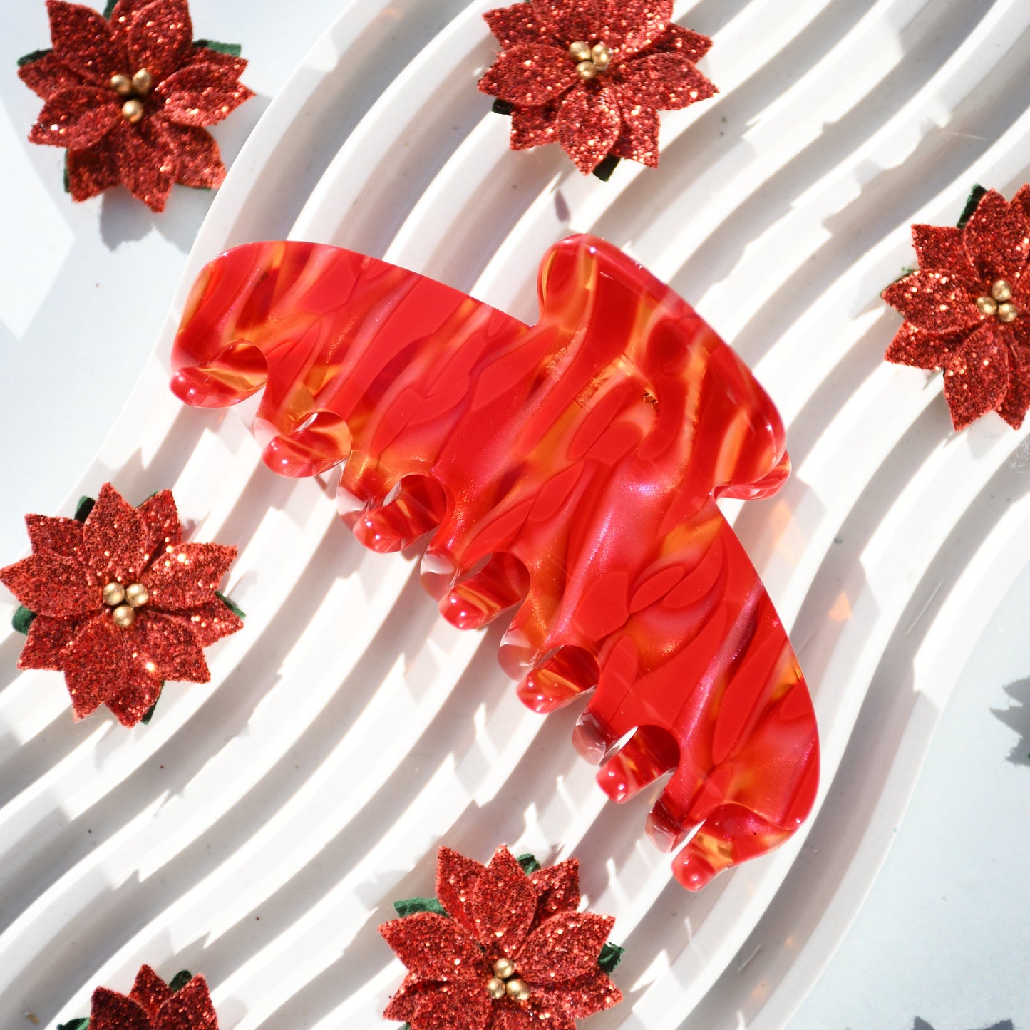 Oval Acetate Hair Claw in Hearts Fire | Red Hair Claws Acetate