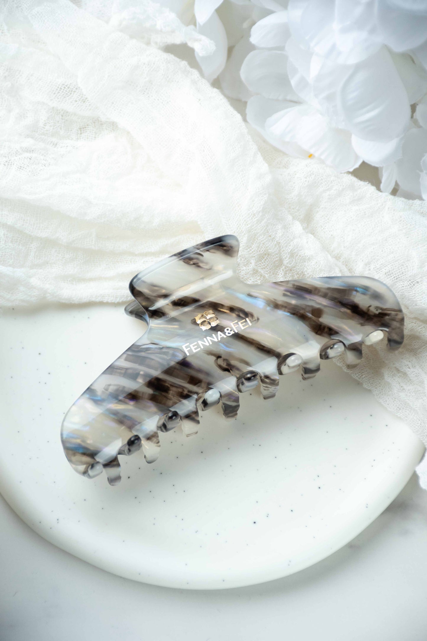 Glamour Grip Wave Claw in Phantom Quartz | Black White Blue Iridescent | Italian Acetate Tortoise Shell Large Hair Clip