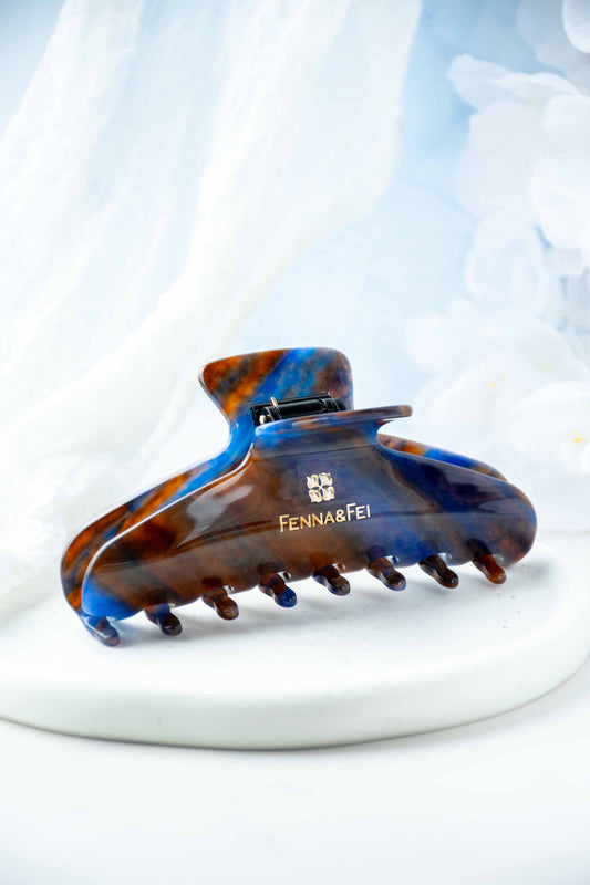 Glamour Grip Wave Claw in Blue Jasper | Blue Brown Orange | Italian Acetate Tortoise Shell Large Hair Clip