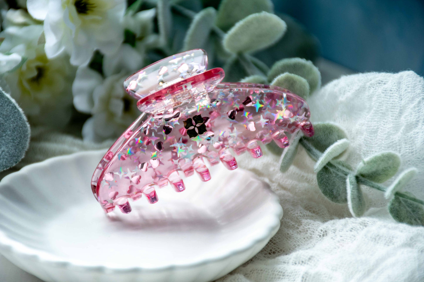 Glamour Grip Mini Acetate Hair Claw in The Jelly Collection | Pink Blue Clear Glitter | Italian Acetate Tortoise Shell Small Hair Clip