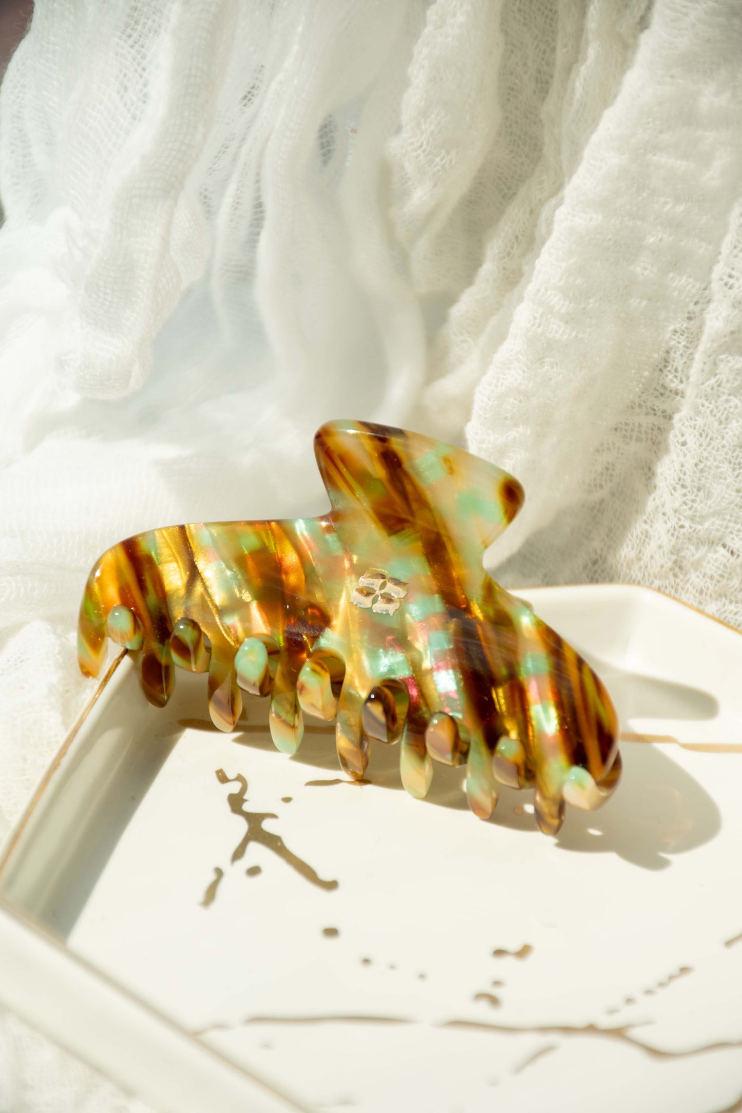 Glamour Grip Mini Claw in Fools Gold | Bronze Gold Teal Glamour Grip | Italian Acetate Tortoise Shell Small Hair Clip