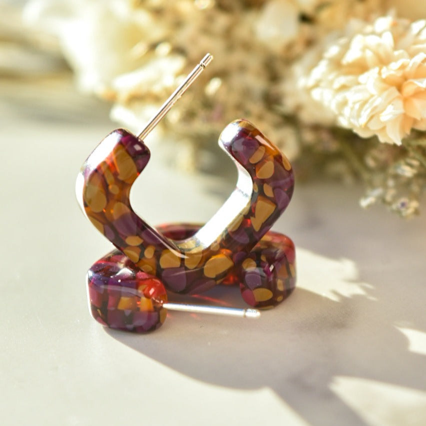 Mini Geo Hoops Flora Collection | Geometric Modern Funky Square Colorful Tortoise Shell Acetate Resin Hoop Earrings