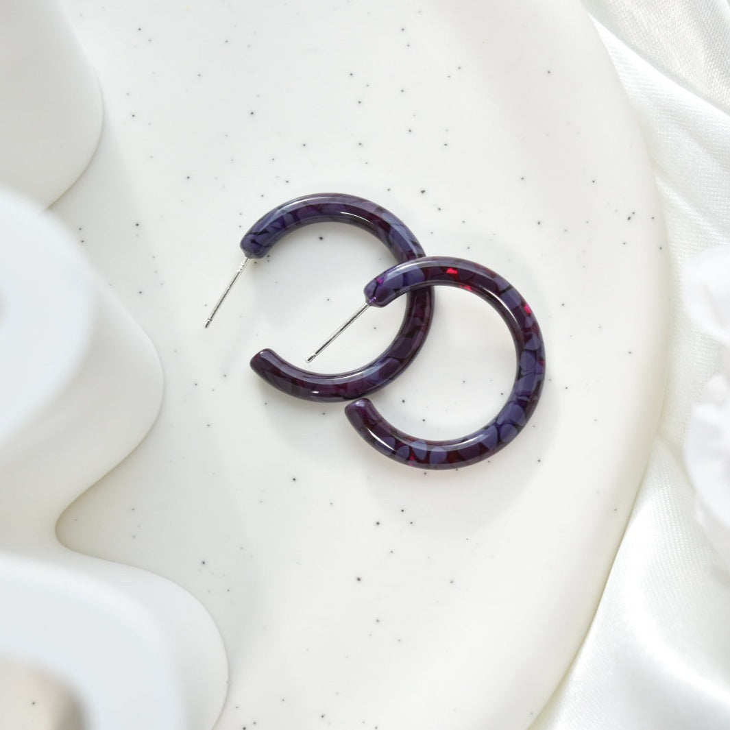 30mm Thin Round Hoops Flora Collection | Floral Hydrangea Hoop Earrings Cellulose Acetate 925 Sterling Silver Posts