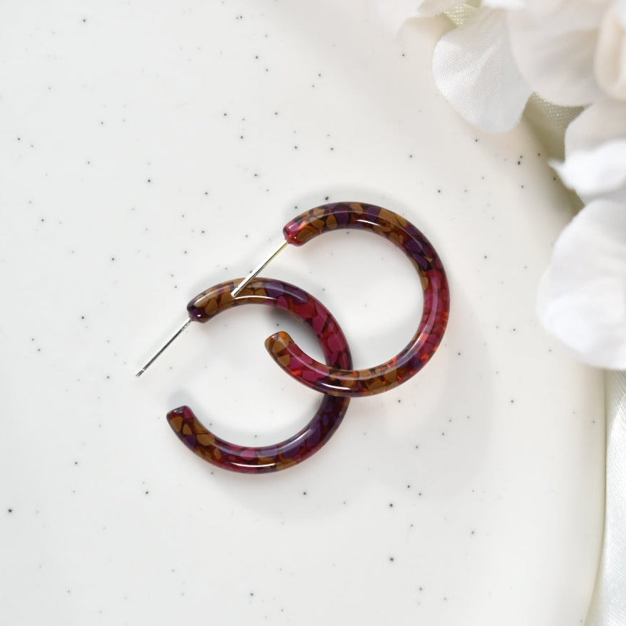 30mm Thin Round Hoops Flora Collection | Floral Hydrangea Hoop Earrings Cellulose Acetate 925 Sterling Silver Posts