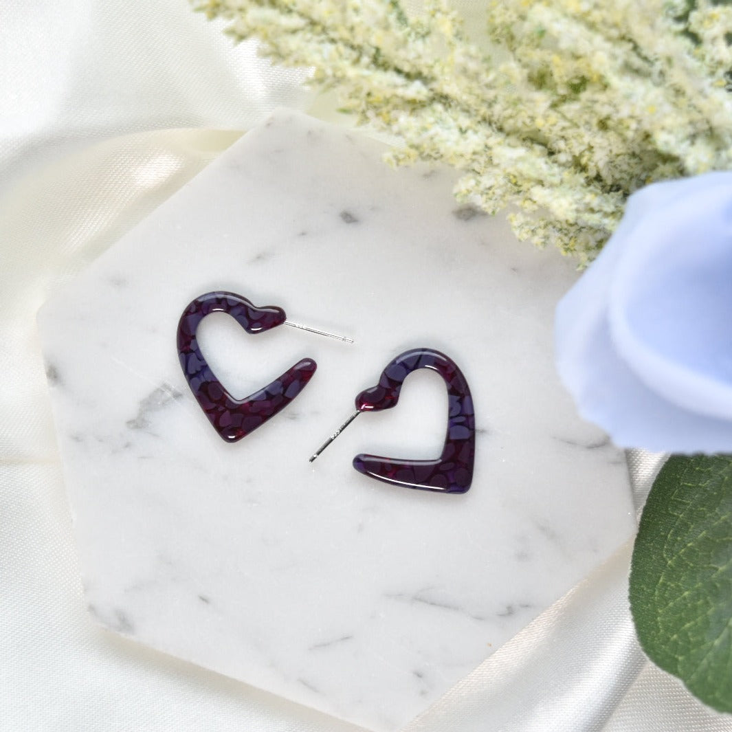 Mini Colorful Heart Hoops | Valentines Day Hoop Earrings | Colorful Tortoise Shell Acetate Hoops | 925 Sterling Silver Posts