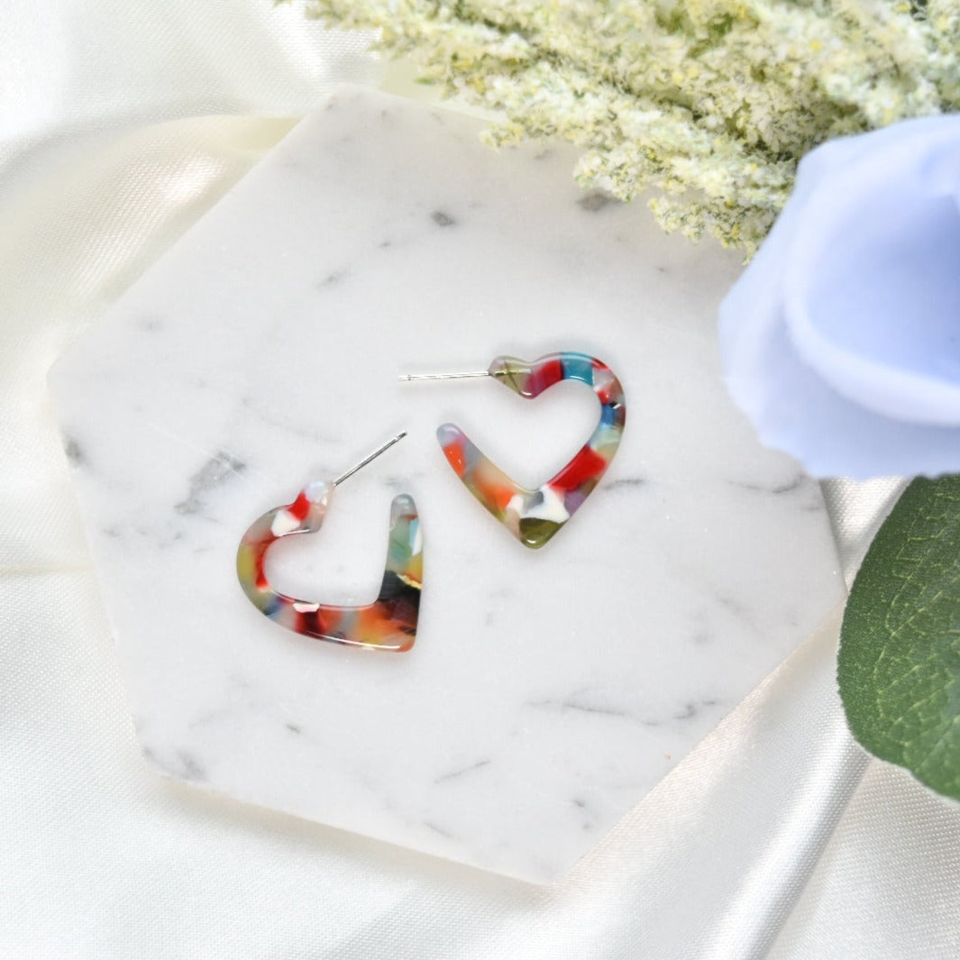 Mini Colorful Heart Hoops | Valentines Day Hoop Earrings | Colorful Tortoise Shell Acetate Hoops | 925 Sterling Silver Posts