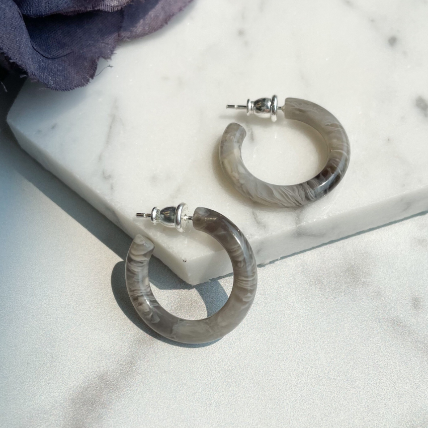 Ultra Mini Hoops in Granite | Gray and White Swirl Stone Hoop Earrings 925 Sterling Silver Posts