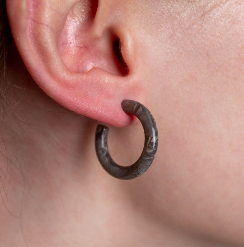 Ultra Mini Hoops in Granite | Gray and White Swirl Stone Hoop Earrings 925 Sterling Silver Posts