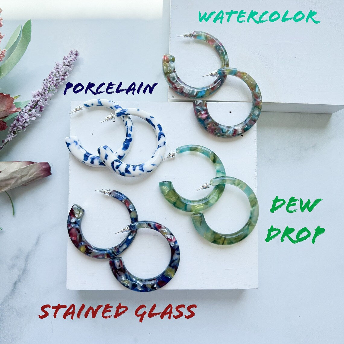 Sfera Hoop Collection | 55mm Large Statement Geometric Square Round Italian Cellulose Acetate Hoops 925 Sterling Silver Posts