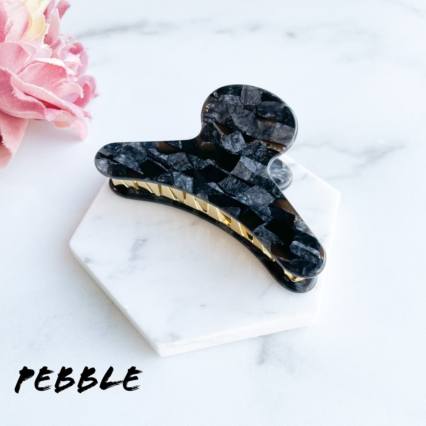 French Claw in Pebble | Black Gray Mottled Mosaic Acetate Hair Claw Clip Stainless Steel