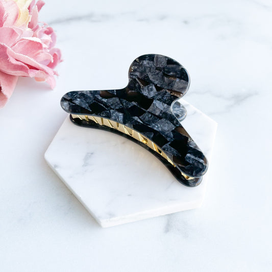 French Claw in Pebble | Black Gray Mottled Mosaic Acetate Hair Claw Clip Stainless Steel
