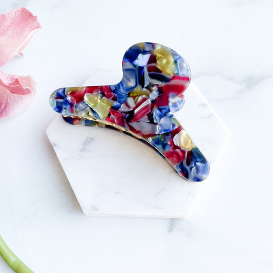 French Claw in Stained Glass | Colorful Blue Red Acetate Glass Hair Clip Gold Plated Stainless Steel Teeth