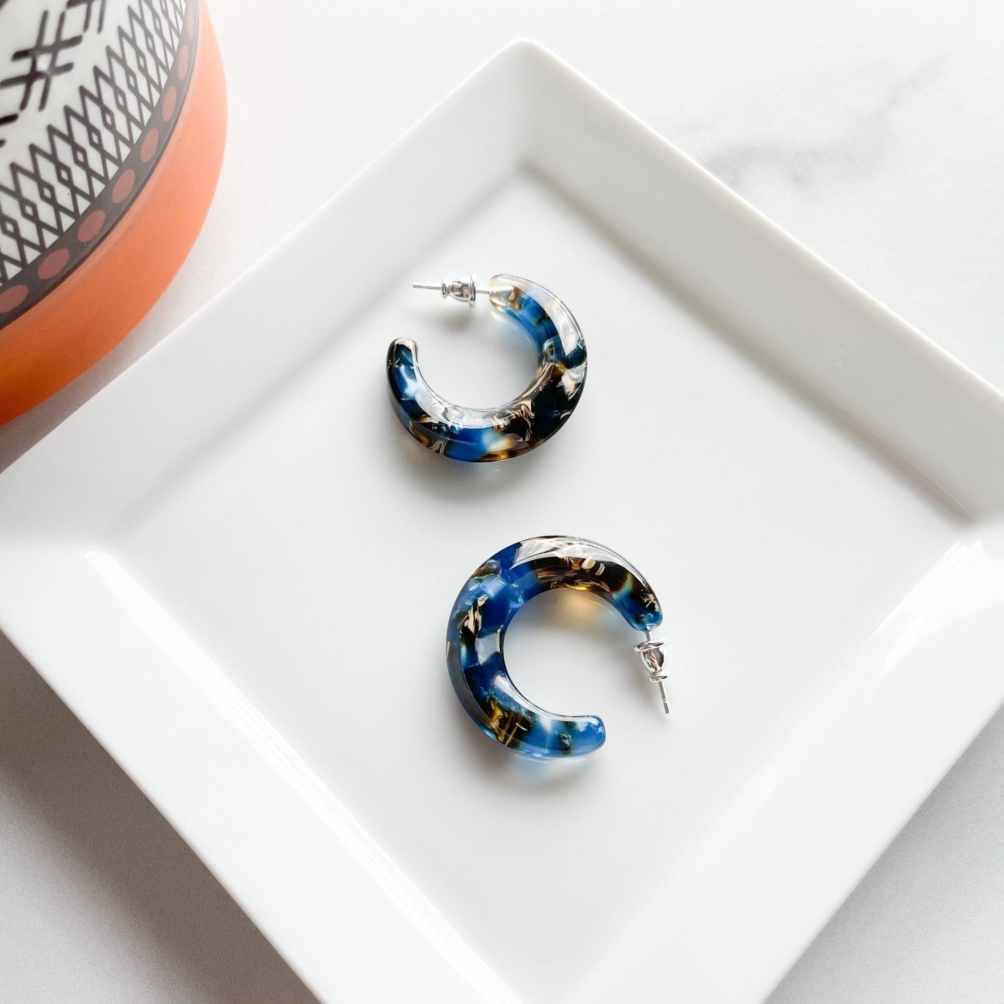 Crescent Hoops in Driftwood | Blue Brown Ocean Resin Hoop Earrings Thick Chunky Lightweight Moon Shaped Earrings 925 Posts