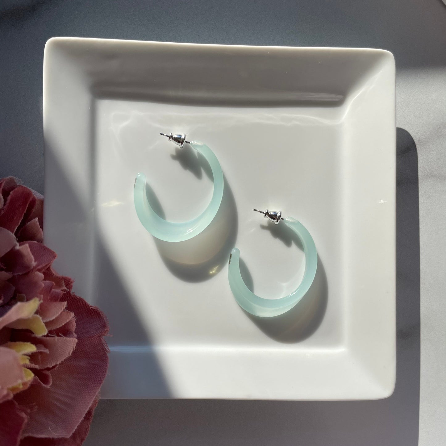 Illusion Hoops in White Jade | Milky Light Mint Teal Oval Statement Hoop Earrings 925 Sterling Silver Posts