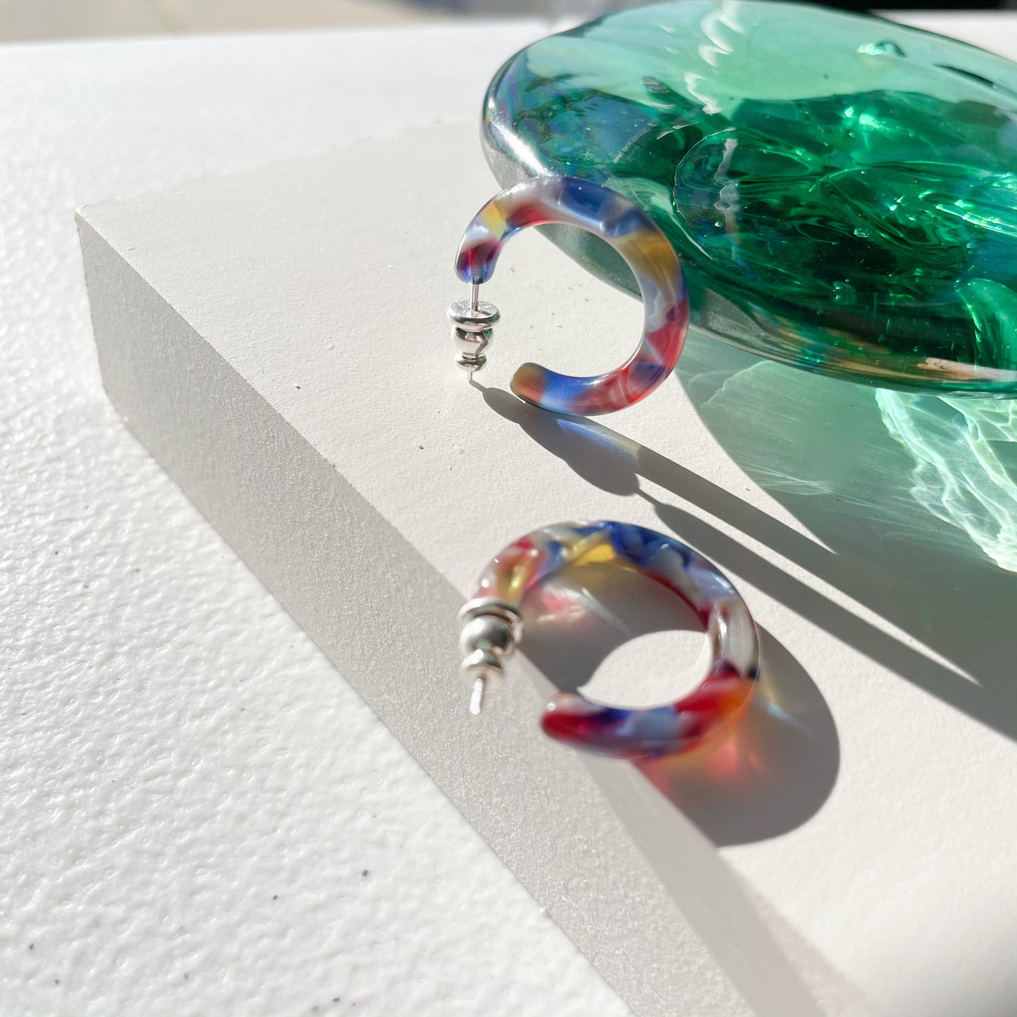 Ultra Mini Hoops in Stained Glass| Colorful Stained Glass Window Art Hoop Earrings Cellulose Acetate 925 Silver Posts