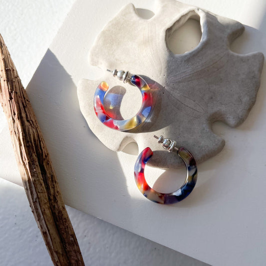 Ultra Mini Hoops in Stained Glass| Colorful Stained Glass Window Art Hoop Earrings Cellulose Acetate 925 Silver Posts