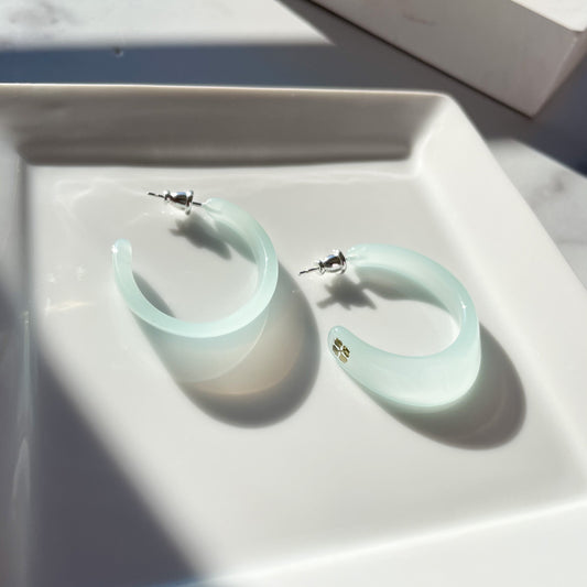 Illusion Hoops in White Jade | Milky Light Mint Teal Oval Statement Hoop Earrings 925 Sterling Silver Posts
