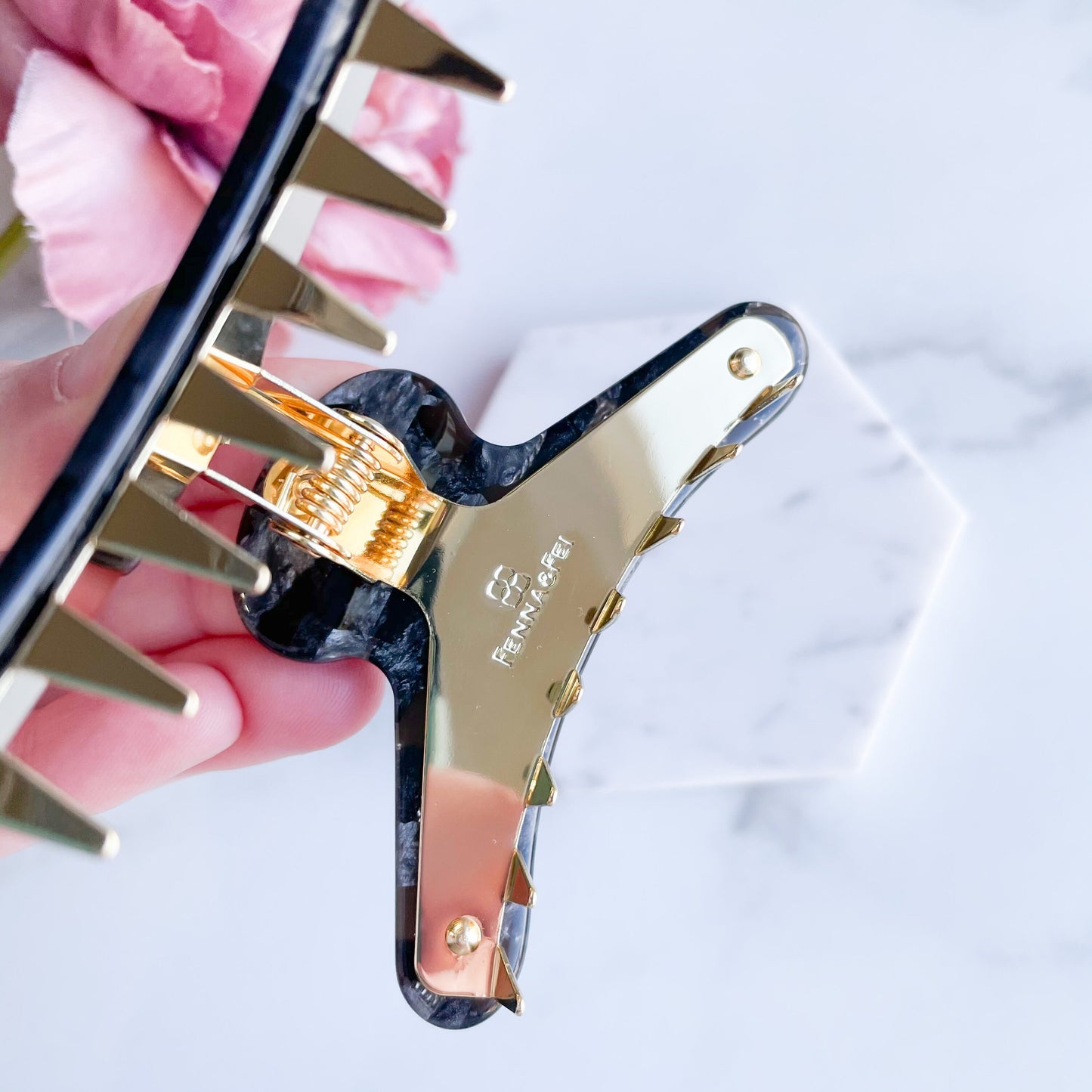 French Claw in Stained Glass | Colorful Blue Red Acetate Glass Hair Clip Gold Plated Stainless Steel Teeth