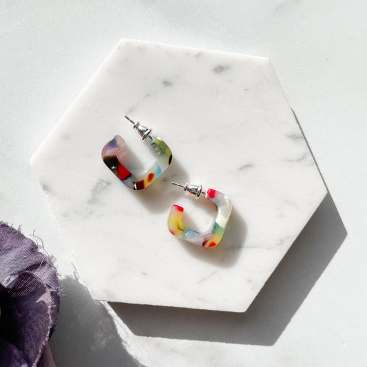 Mini Geo Hoops Collection | Geometric Modern Funky Square Colorful Tortoise Shell Acetate Resin Hoop Earrings