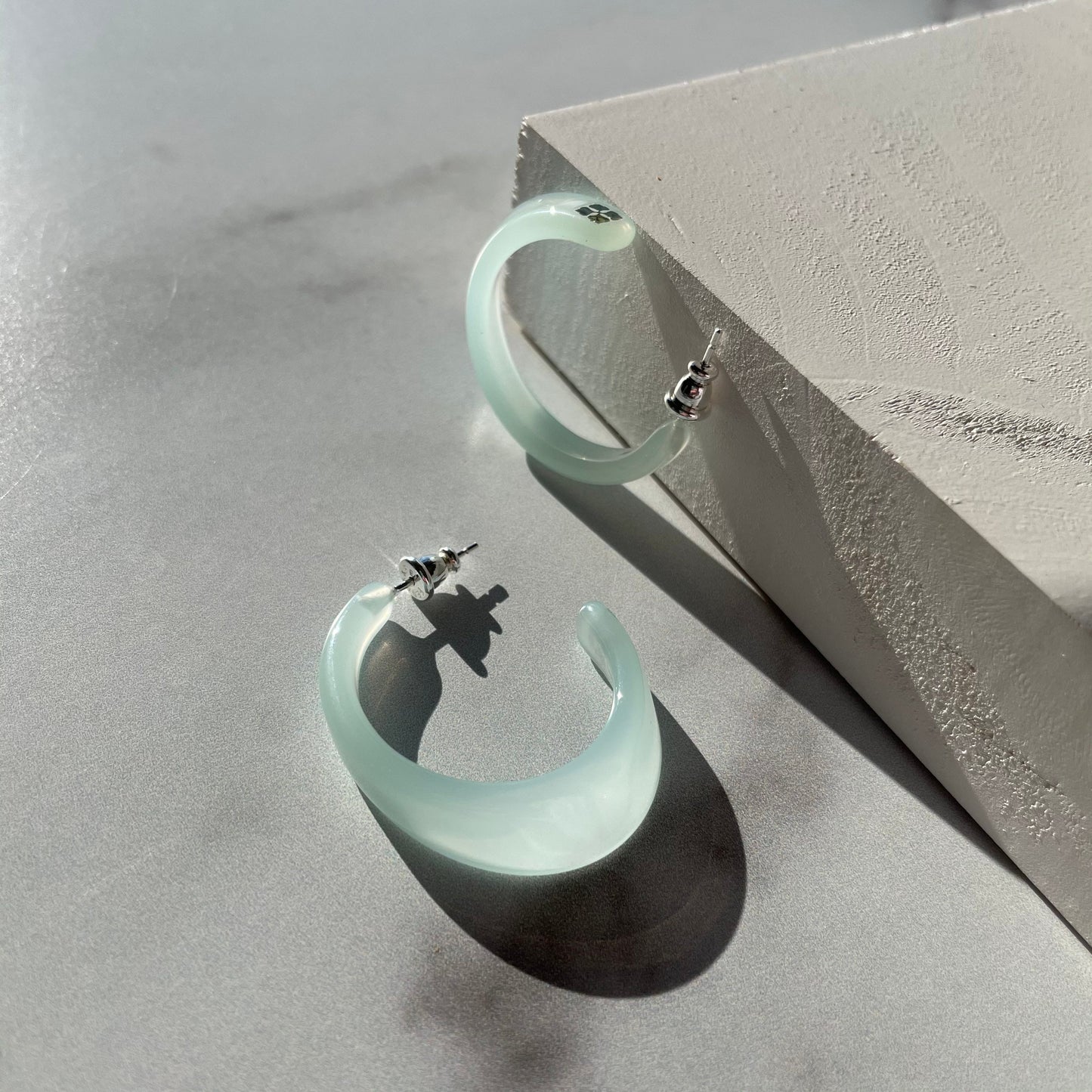 Illusion Hoops in White Jade | Milky Light Mint Teal Oval Statement Hoop Earrings 925 Sterling Silver Posts