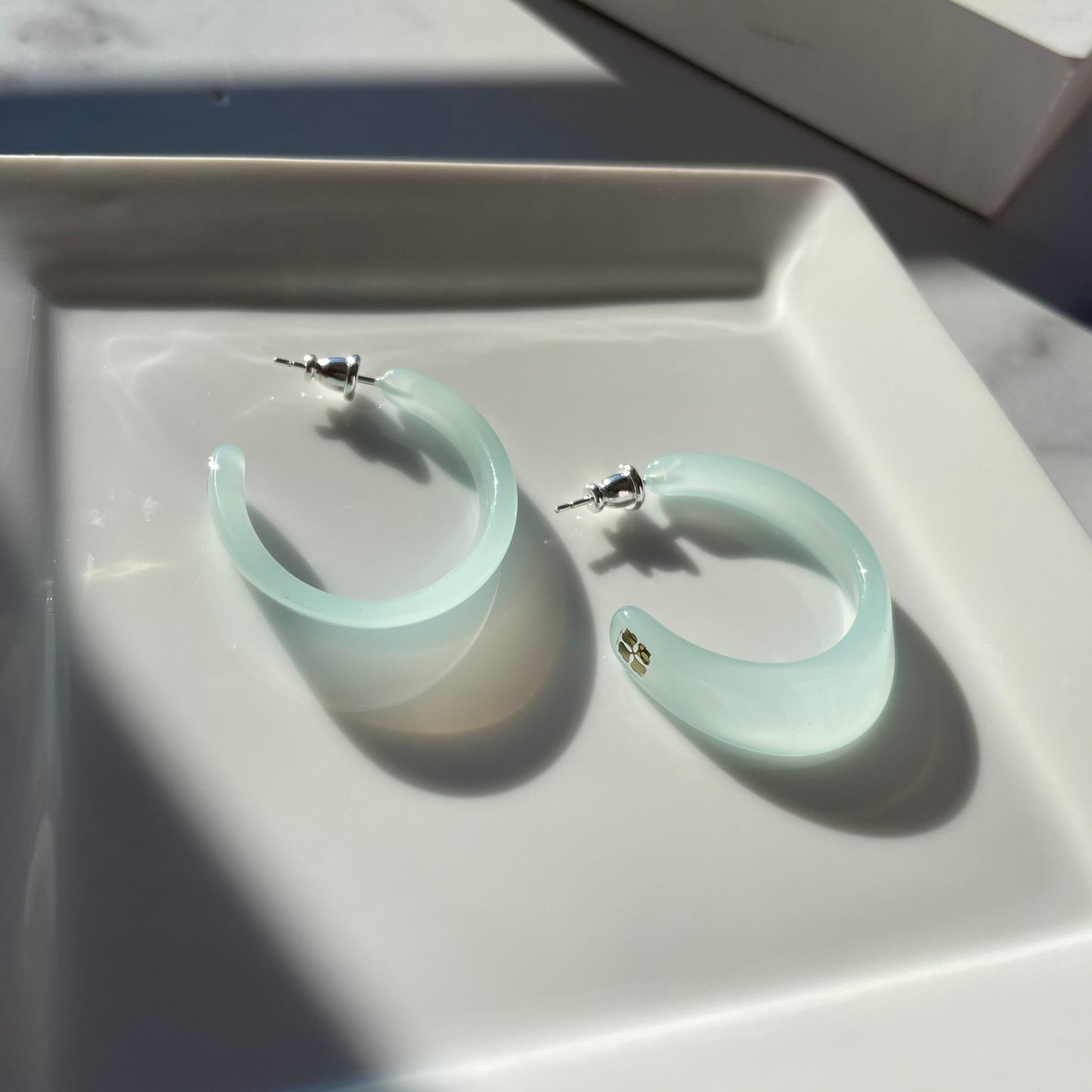 Illusion Hoops in White Jade | Milky Light Mint Teal Oval Statement Hoop Earrings 925 Sterling Silver Posts