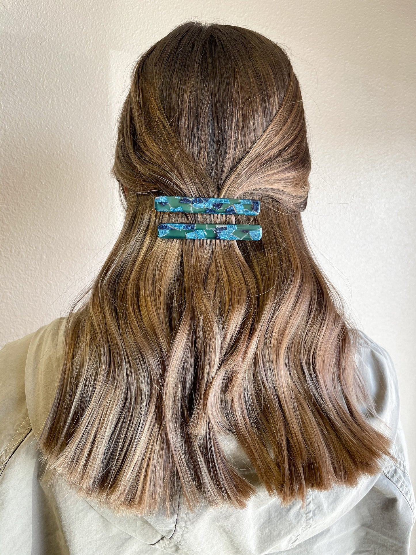 Long Rectangle Clips in Aqua | Blue Sectioning Hair Clips 2 Pack Cellulose Acetate and Stainless Steel