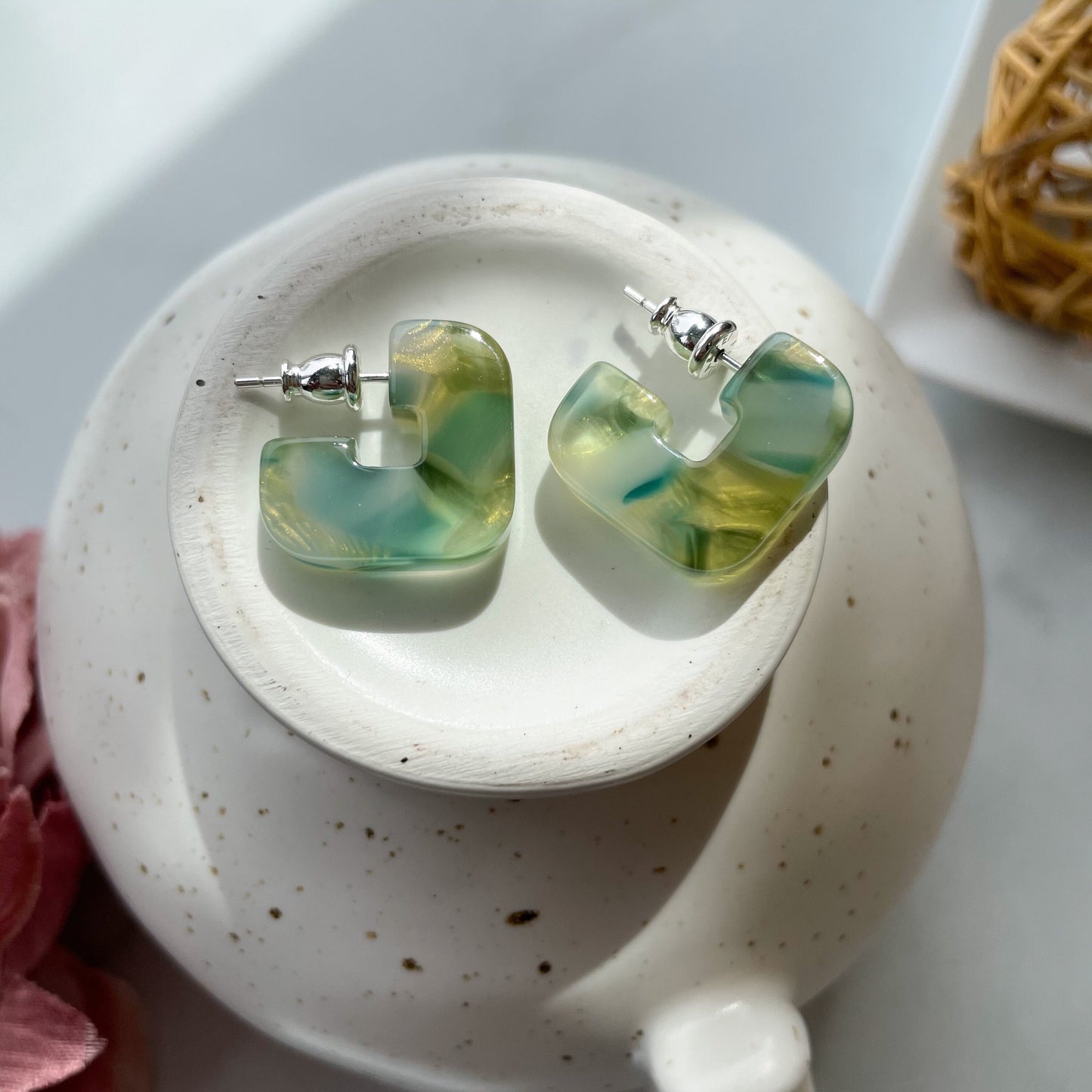 Mini Geo Hoops in Dew Drop | Green Blue Gold Geometric Square Hoop Earrings Sterling Silver Posts