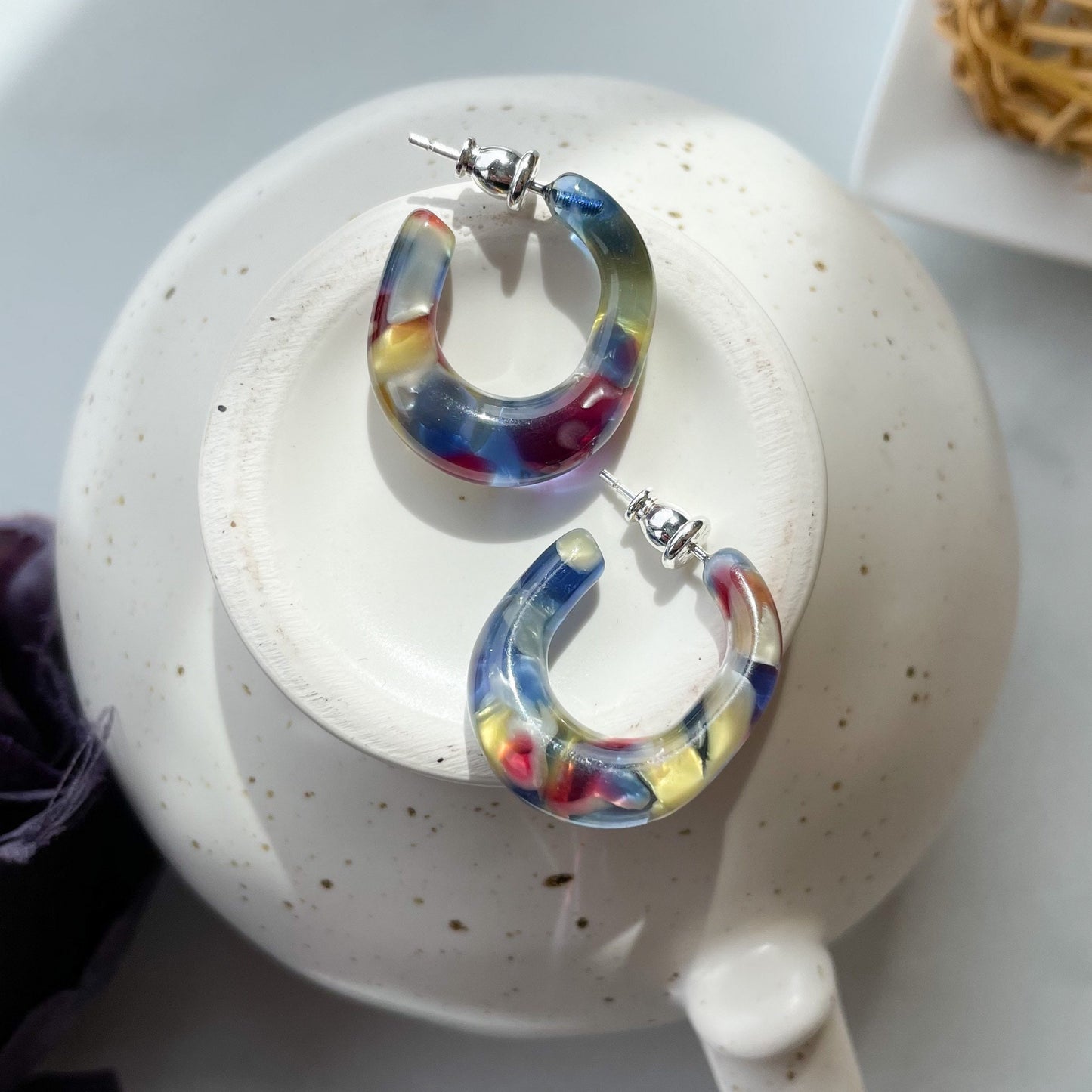 Juicy Hoops in Stained Glass | Thick Chunky Red Blue Yellow Glass Hoop Statement Earrings 925 Sterling Silver Posts