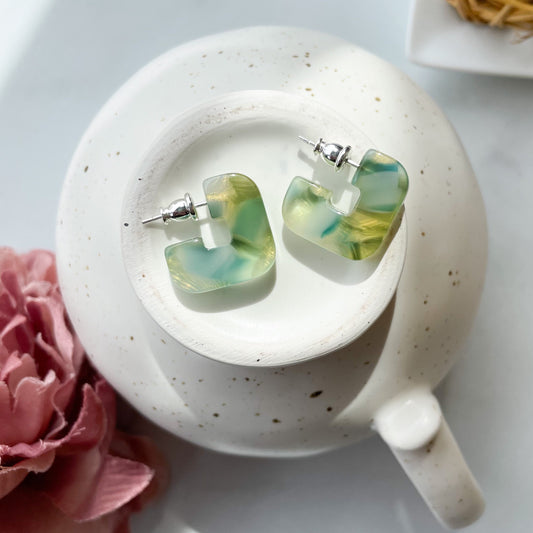 Mini Geo Hoops in Dew Drop | Green Blue Gold Geometric Square Hoop Earrings Sterling Silver Posts