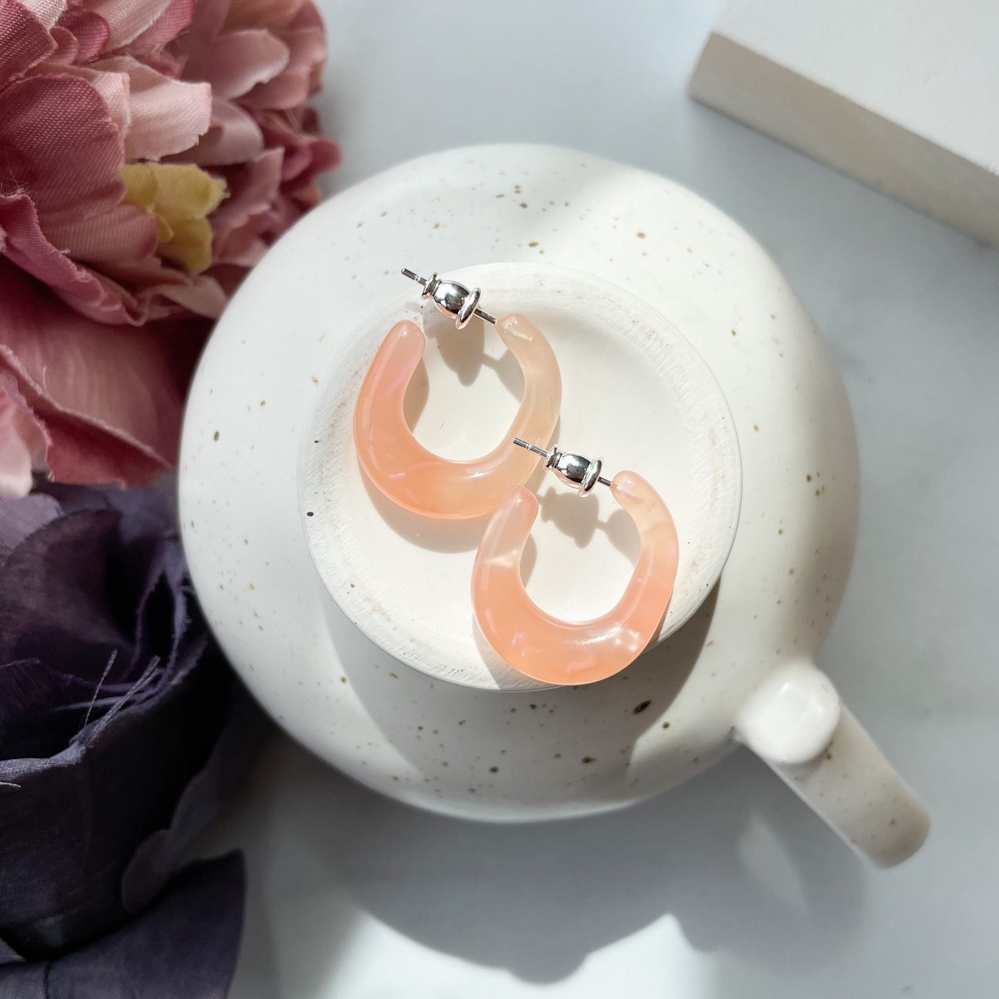 Juicy Hoops in Peach | Light Pink Orange Oval Peach Pearl Hoop Earrings Thick Chunky Acetate 925 Sterling Silver Posts