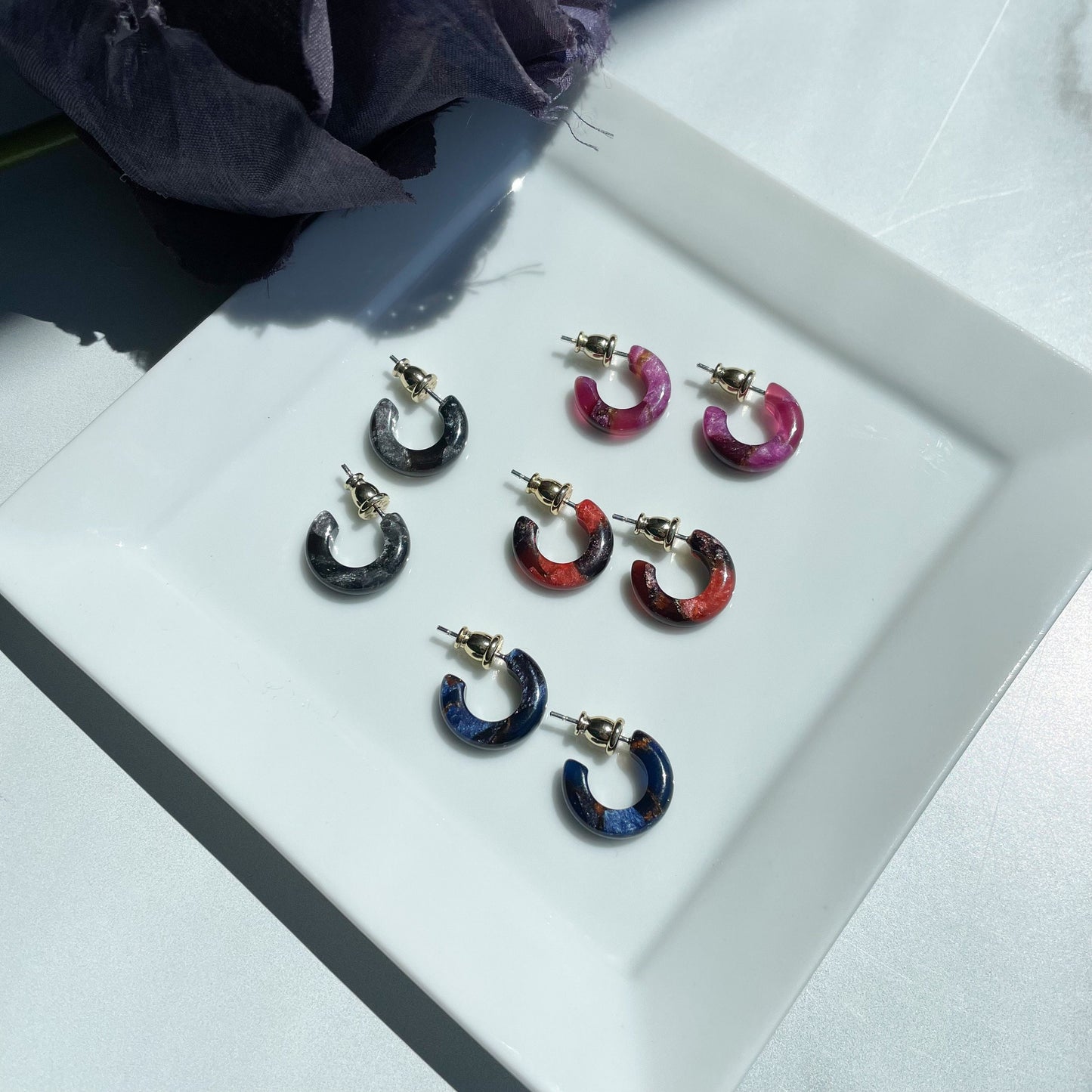 Huggie Hoops In The Canyon Collection | Cellulose Acetate Resin Gemstone Hoop Earrings 925 Sterling Silver Posts