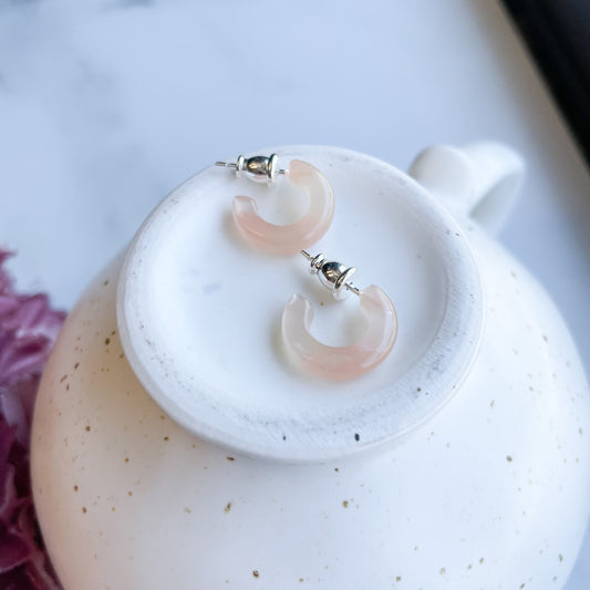 Huggie Hoops in Peach | Light Dainty Minimalist Pearl Acetate Resin Pink  Hoop Earrings 925 Sterling Silver Posts