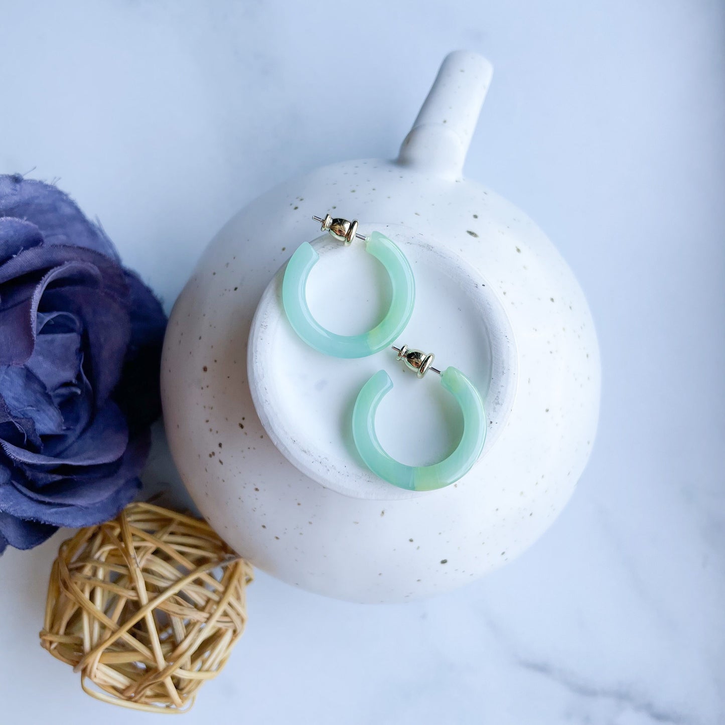 Ultra Mini Hoops in Jadeite | Small Acetate Green Blue Teal Jade Hoop Earrings 925 Silver Posts