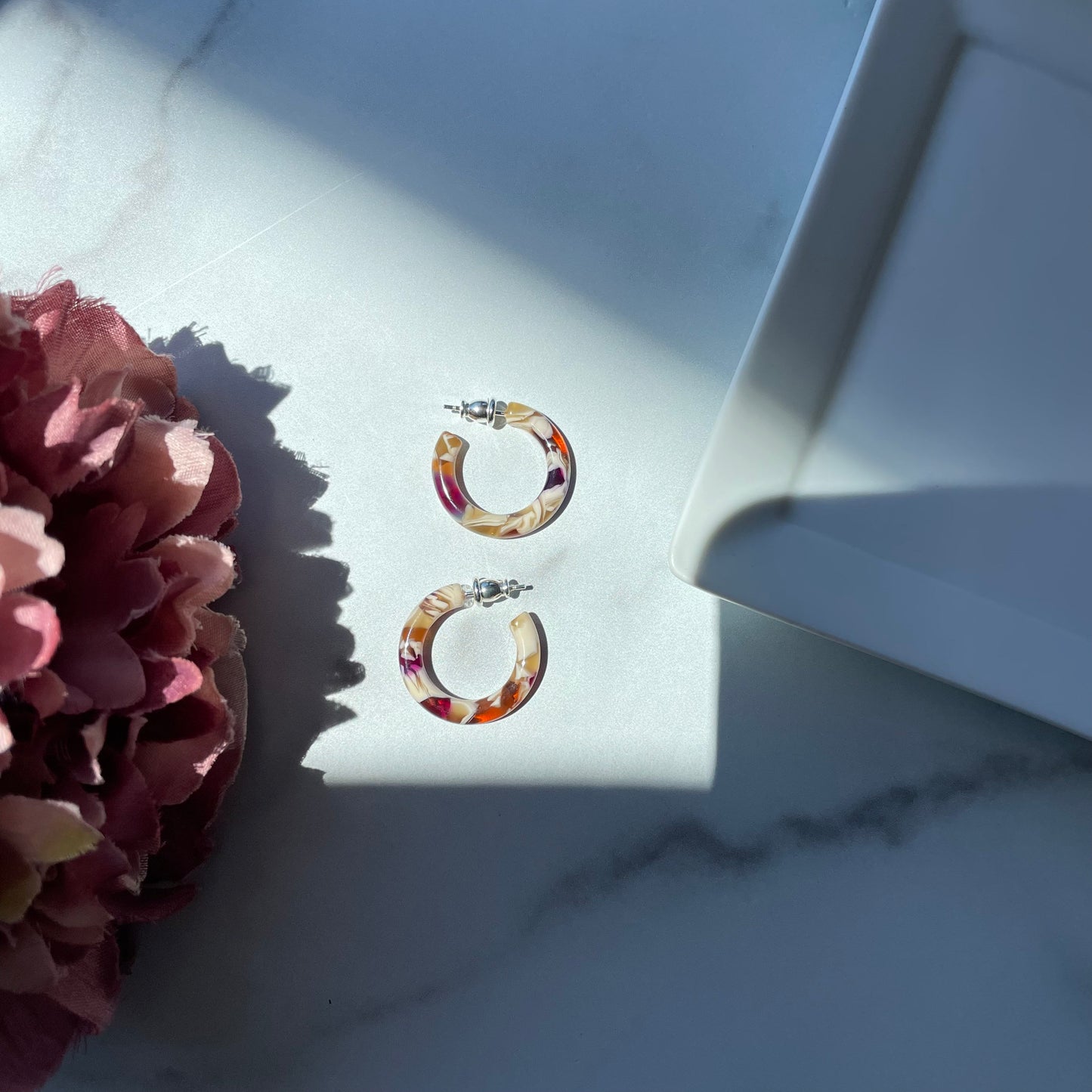 Ultra Mini Hoops in Autumn | Small Acetate Red Cream Purple Hoop Earrings 925 Silver Posts