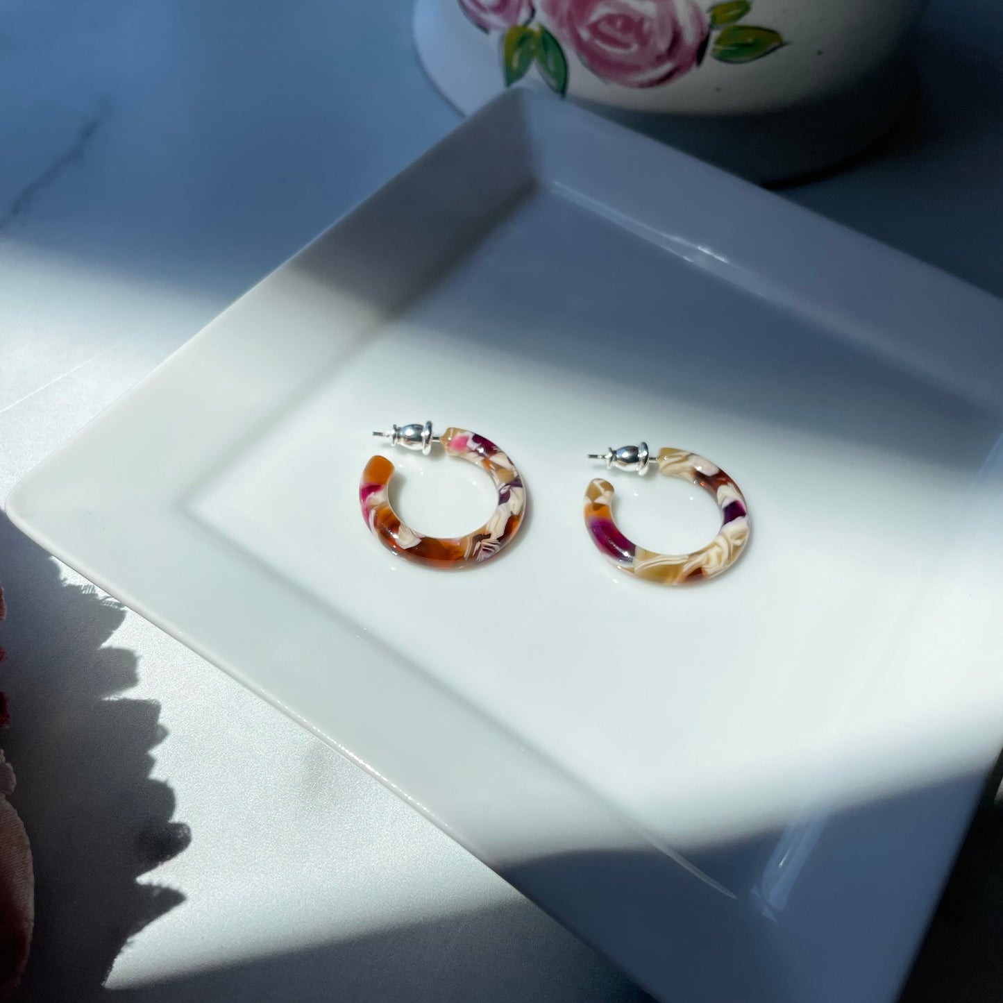 Ultra Mini Hoops in Autumn | Small Acetate Red Cream Purple Hoop Earrings 925 Silver Posts