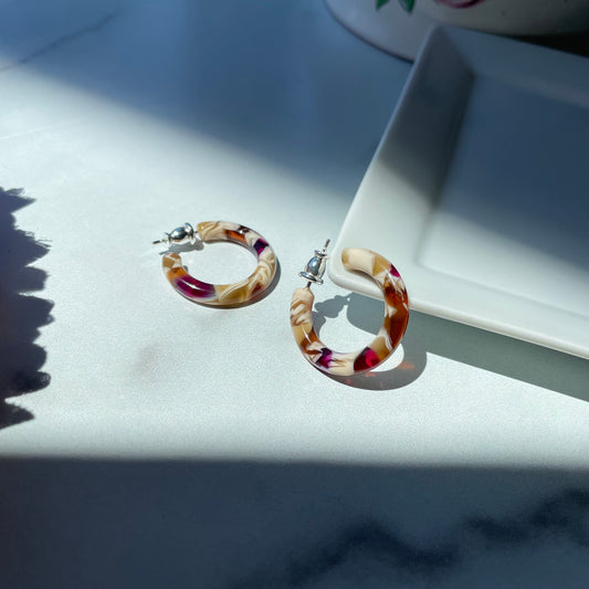 Ultra Mini Hoops in Autumn | Small Acetate Red Cream Purple Hoop Earrings 925 Silver Posts