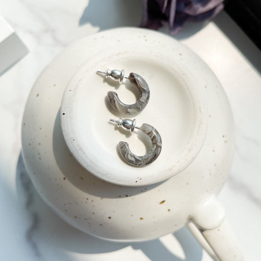 Huggie Hoops in Granite | Tiny Small Gray Stone Hoop Earrings 925 Sterling Silver Posts