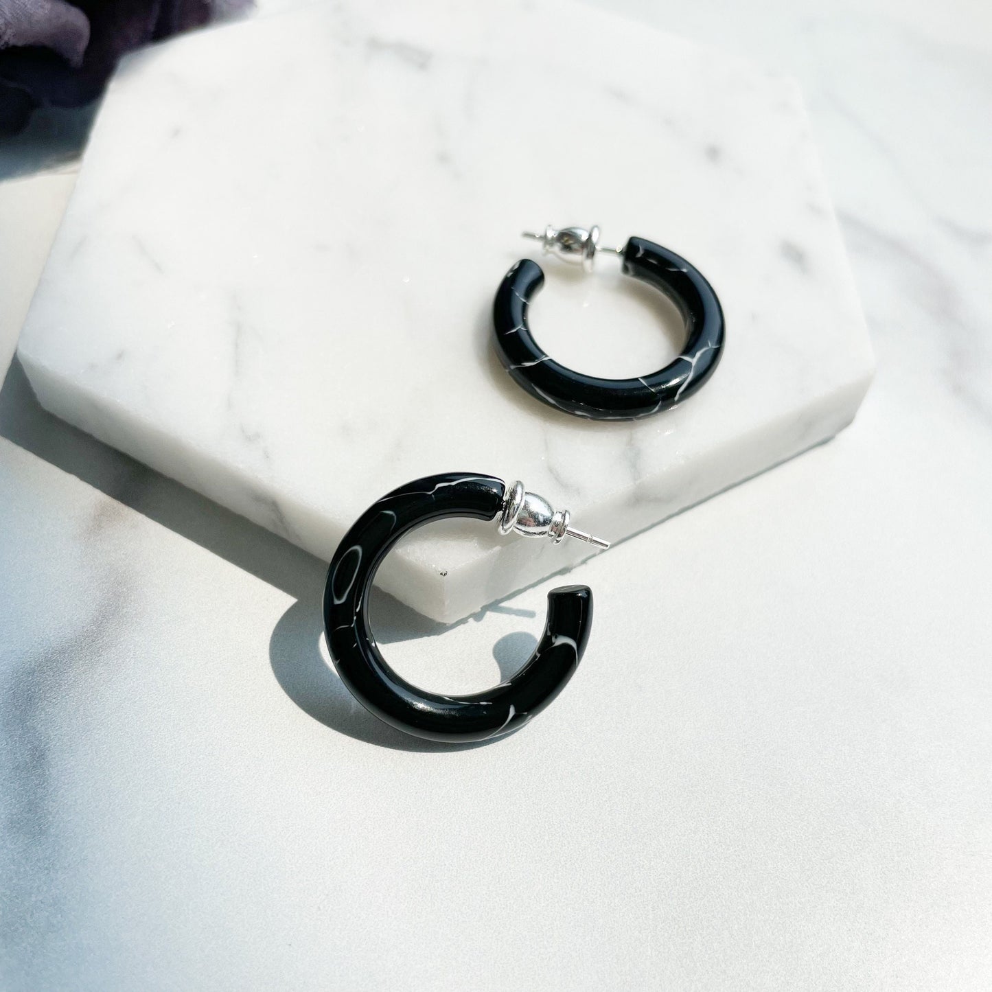 Ultra Mini Hoops in Obsidian | Black and White Swirl Hoop Earrings 925 Sterling Silver Posts
