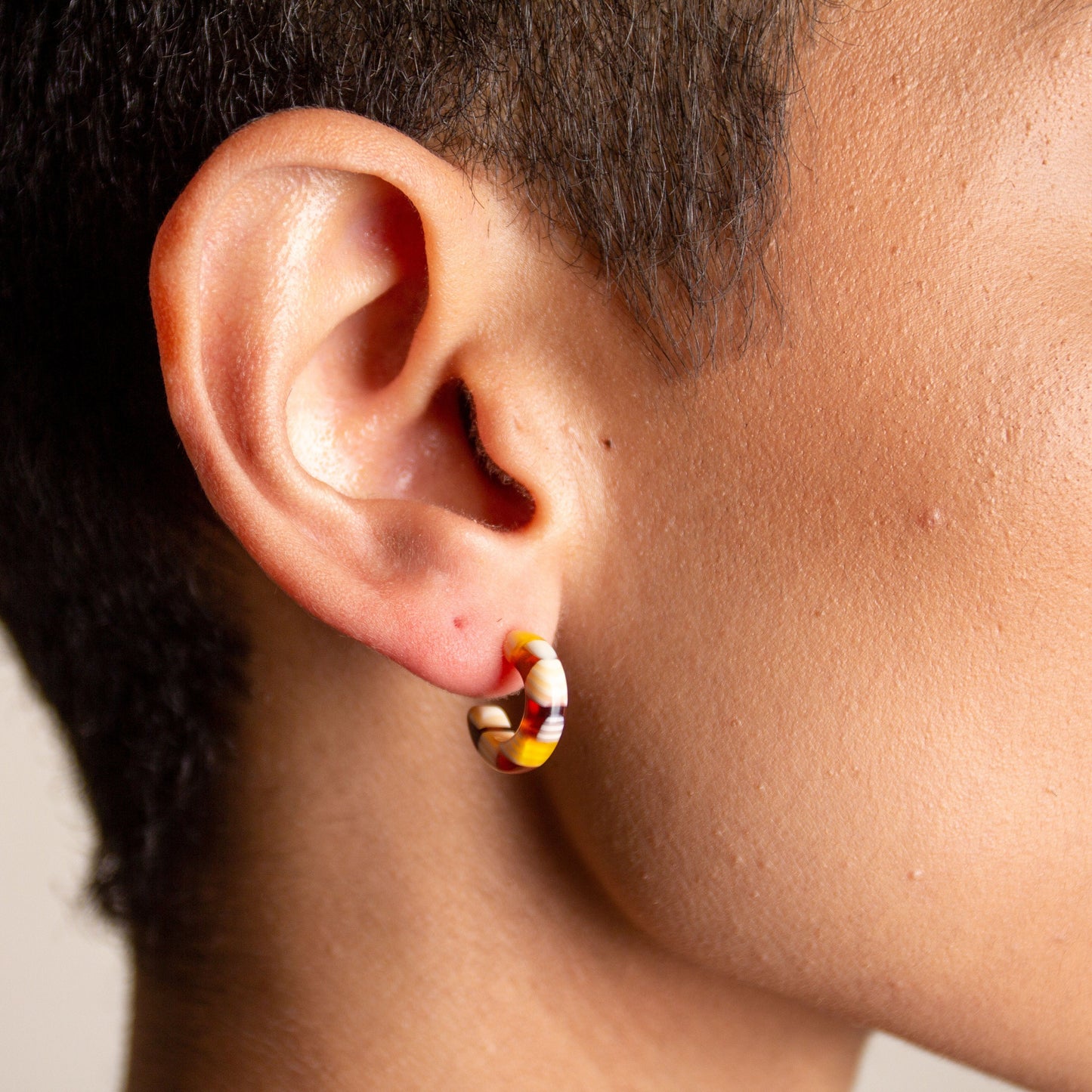 Huggie Hoops in Tetris | Tiny Small Orange and White Checkered Hoop Earrings 925 Sterling Silver Posts