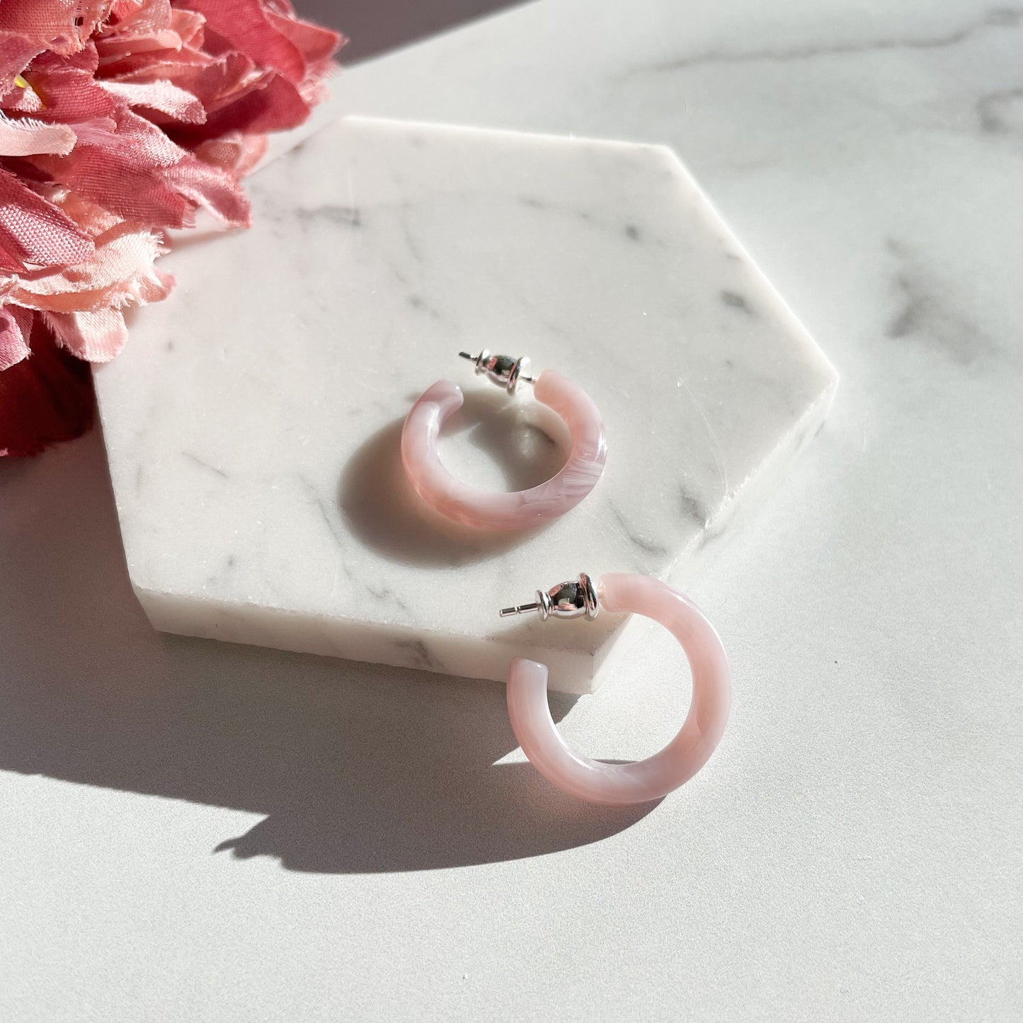 Ultra Mini Hoops in Heather | Small Pink Mauve Swirl Acetate Hoop Earrings 925 Sterling Silver Posts Minimalist Jewelry Gift For Her