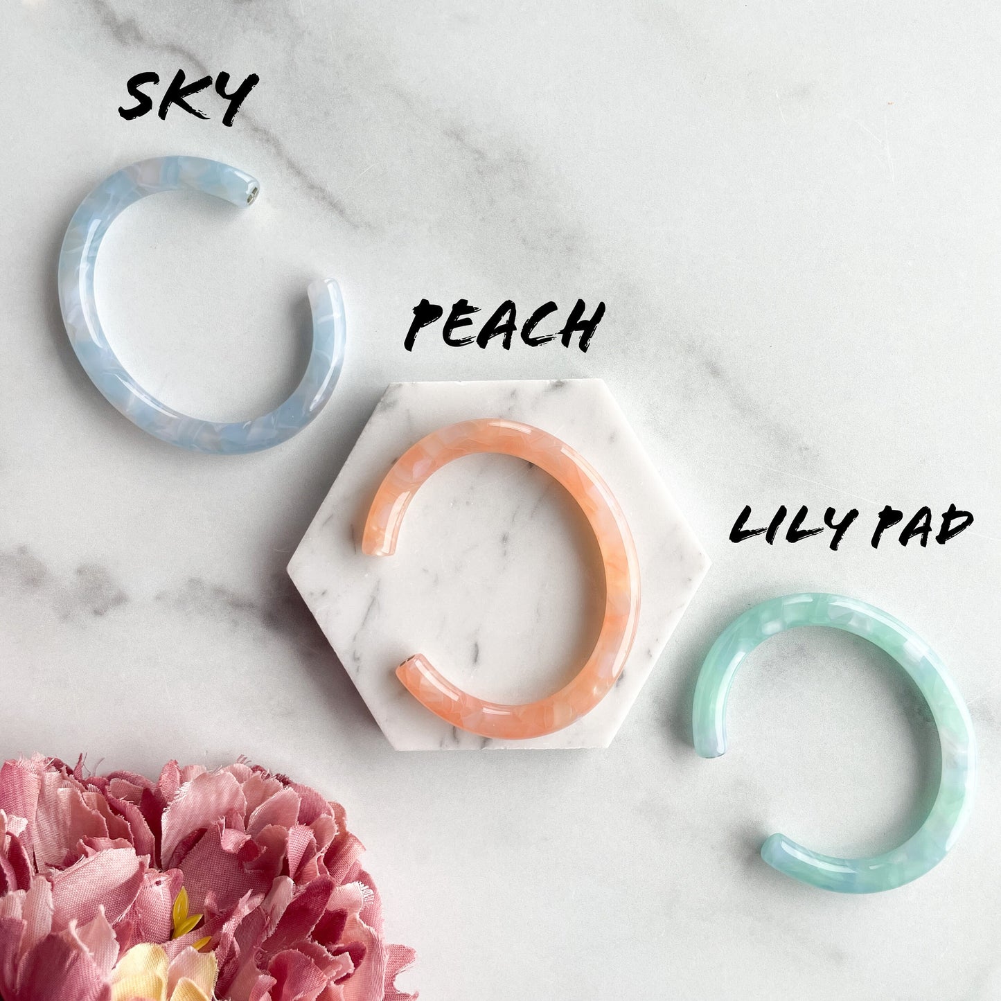 Lush Bangle Cuffs in Sky, Peach, and Lily Pad | Italian Acetate Resin Cuff Bangle Bracelet