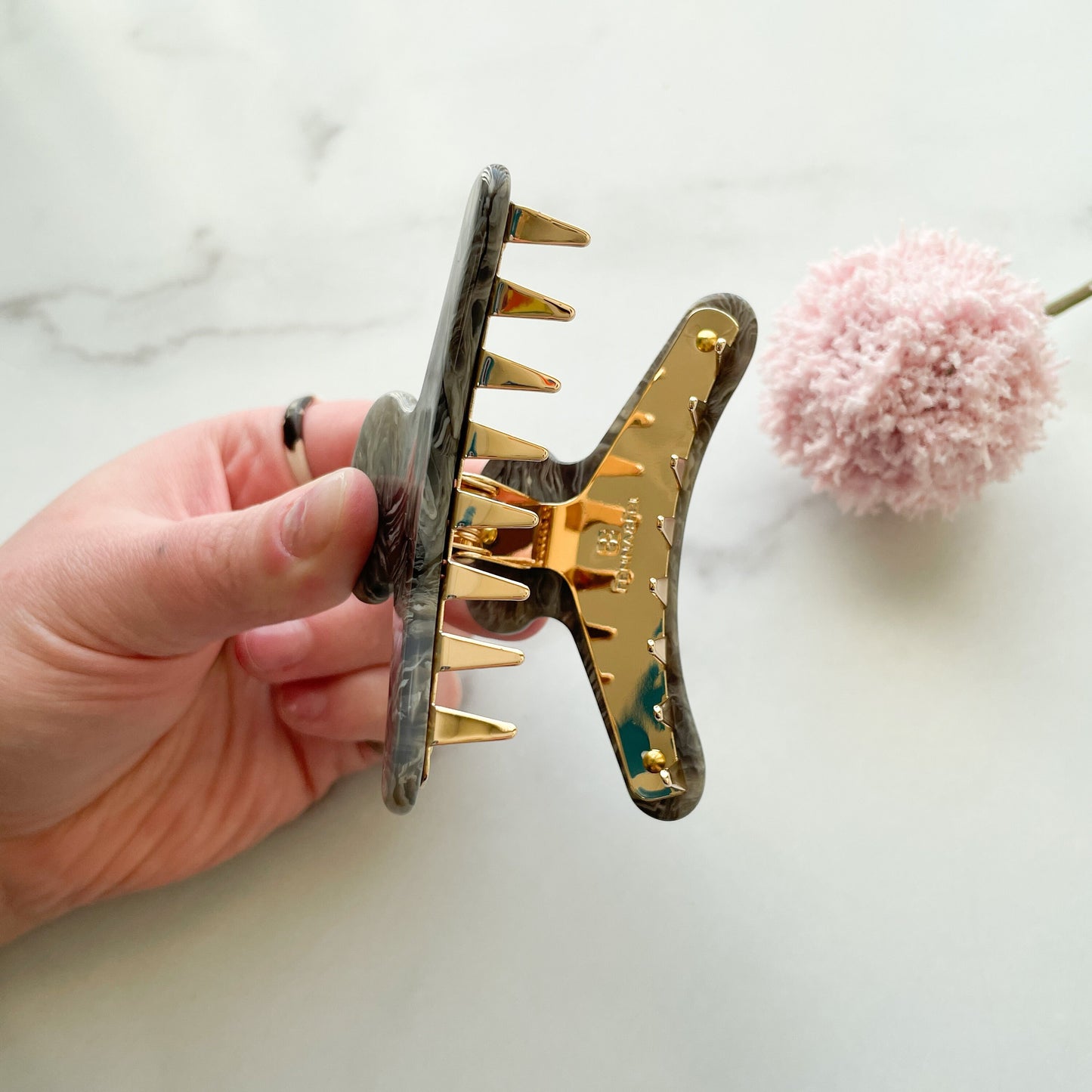 French Hair Claw in Granite | Dark Grey and Light Grey Swirled Marble Hair Clip Claw Cellulose Acetate Stainless Steel