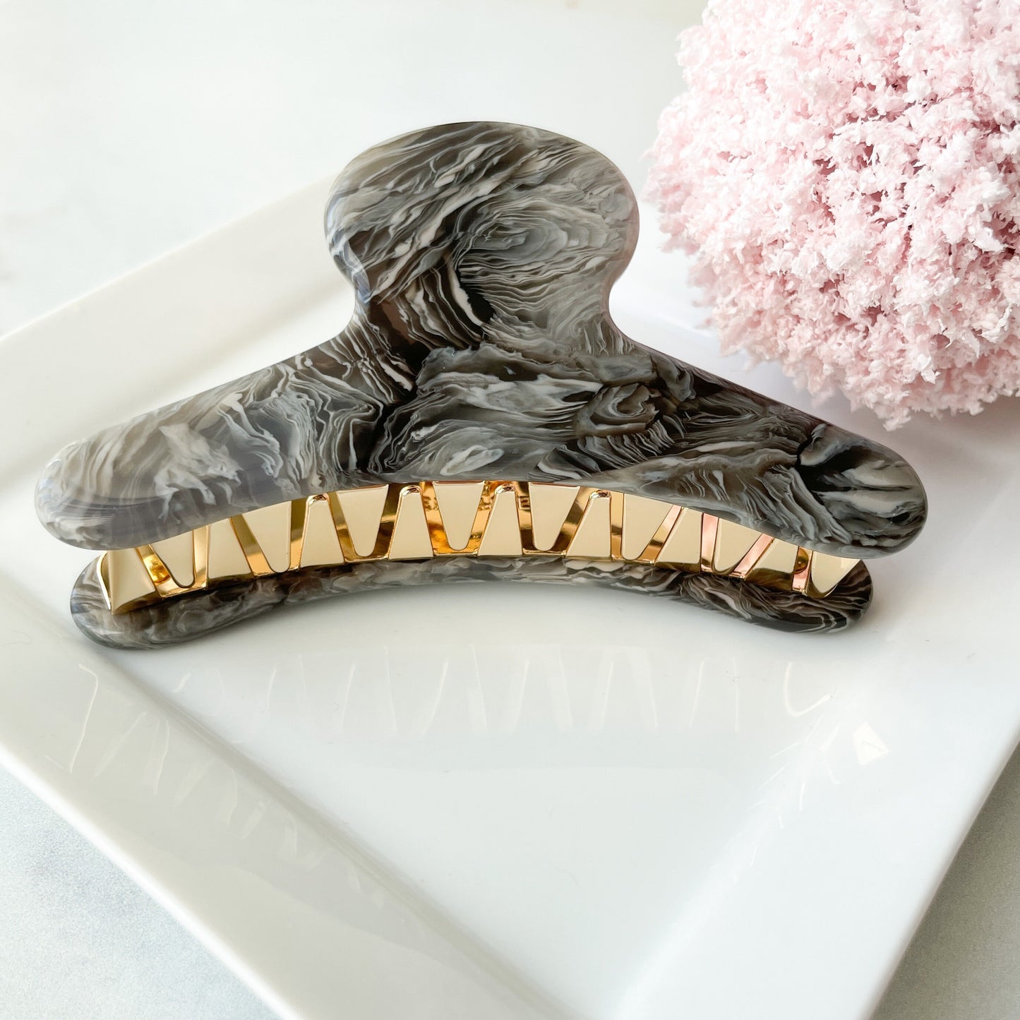 French Hair Claw in Granite | Dark Grey and Light Grey Swirled Marble Hair Clip Claw Cellulose Acetate Stainless Steel