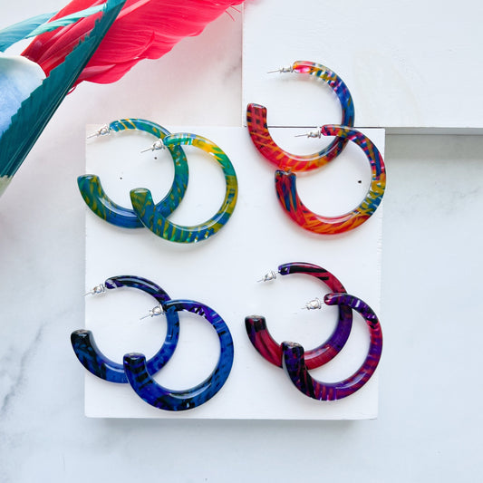 Sfera Hoops in the Aviary Collection | 55mm Large Statement Geometric Square Round Italian Tropical Bird Acetate Hoops 925 Silver Posts