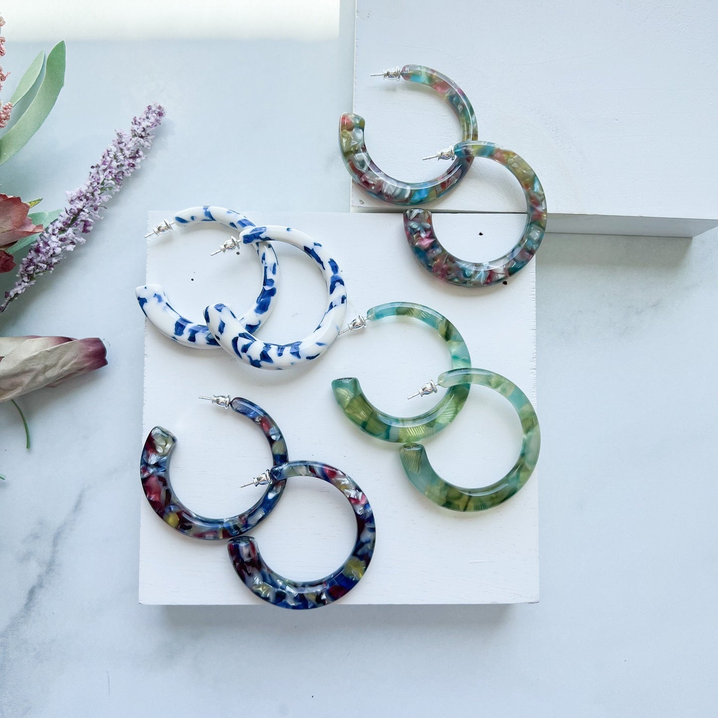 Sfera Hoop Collection | 55mm Large Statement Geometric Square Round Italian Cellulose Acetate Hoops 925 Sterling Silver Posts