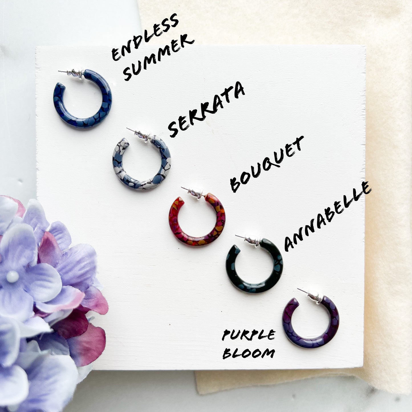 Ultra Mini Hoops in the Hydrangea Collection| Small Hoop Earrings Flower Floral Hoops Cellulose Acetate 925 Sterling Silver Posts