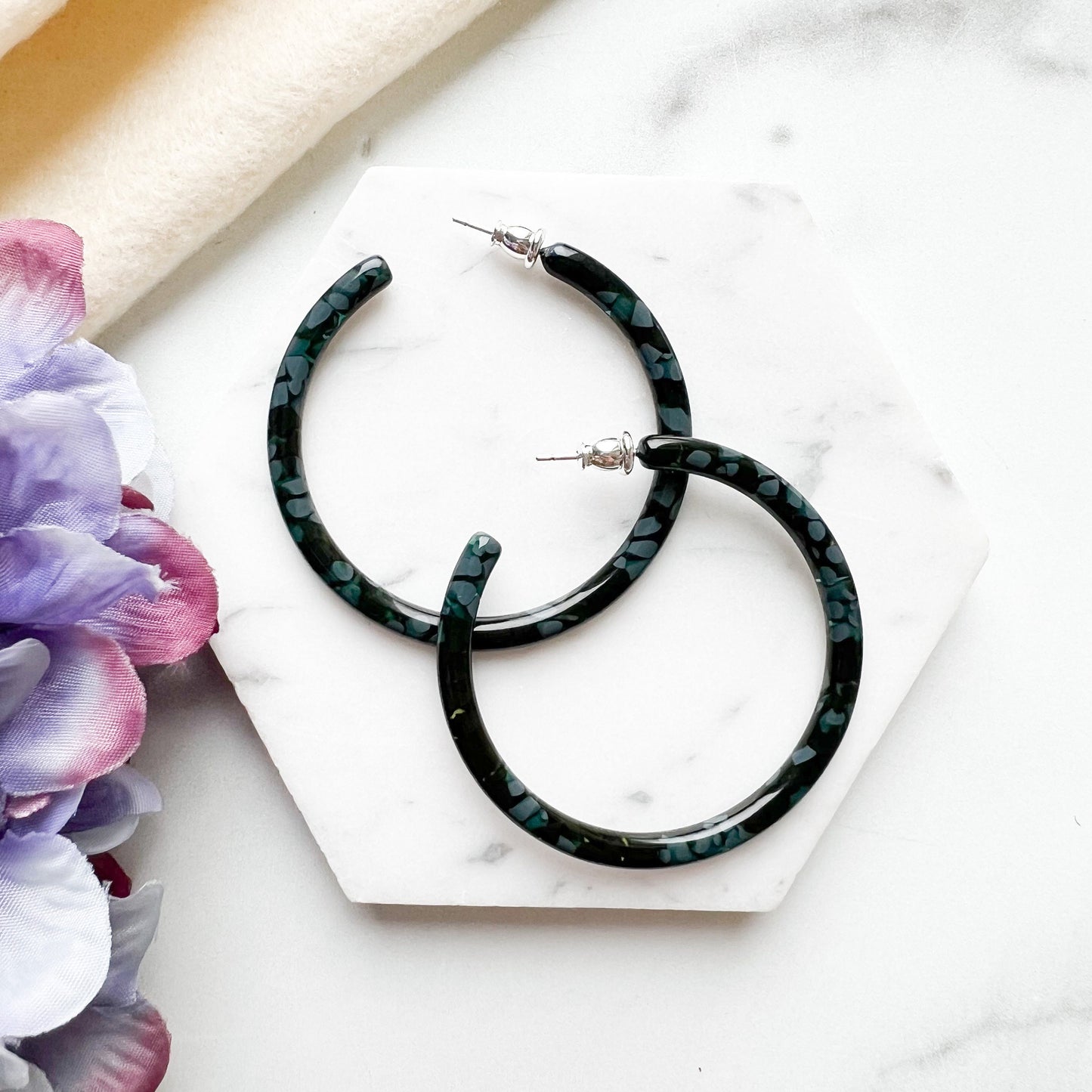 50mm Thin Round Hoops in the Hydrangea Collection| Large Hoop Earrings Flower Floral Hoops Cellulose Acetate 925 Sterling Silver Posts