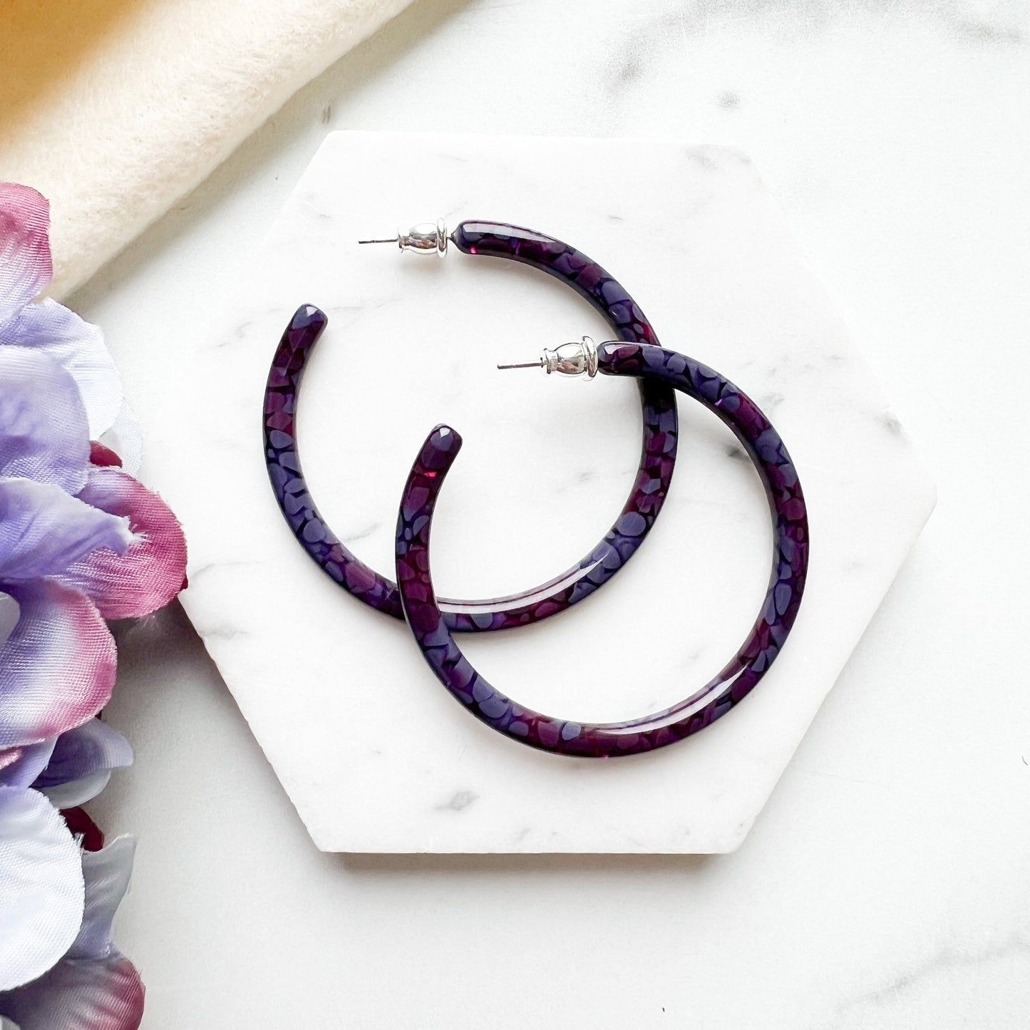 50mm Thin Round Hoops in the Hydrangea Collection| Large Hoop Earrings Flower Floral Hoops Cellulose Acetate 925 Sterling Silver Posts